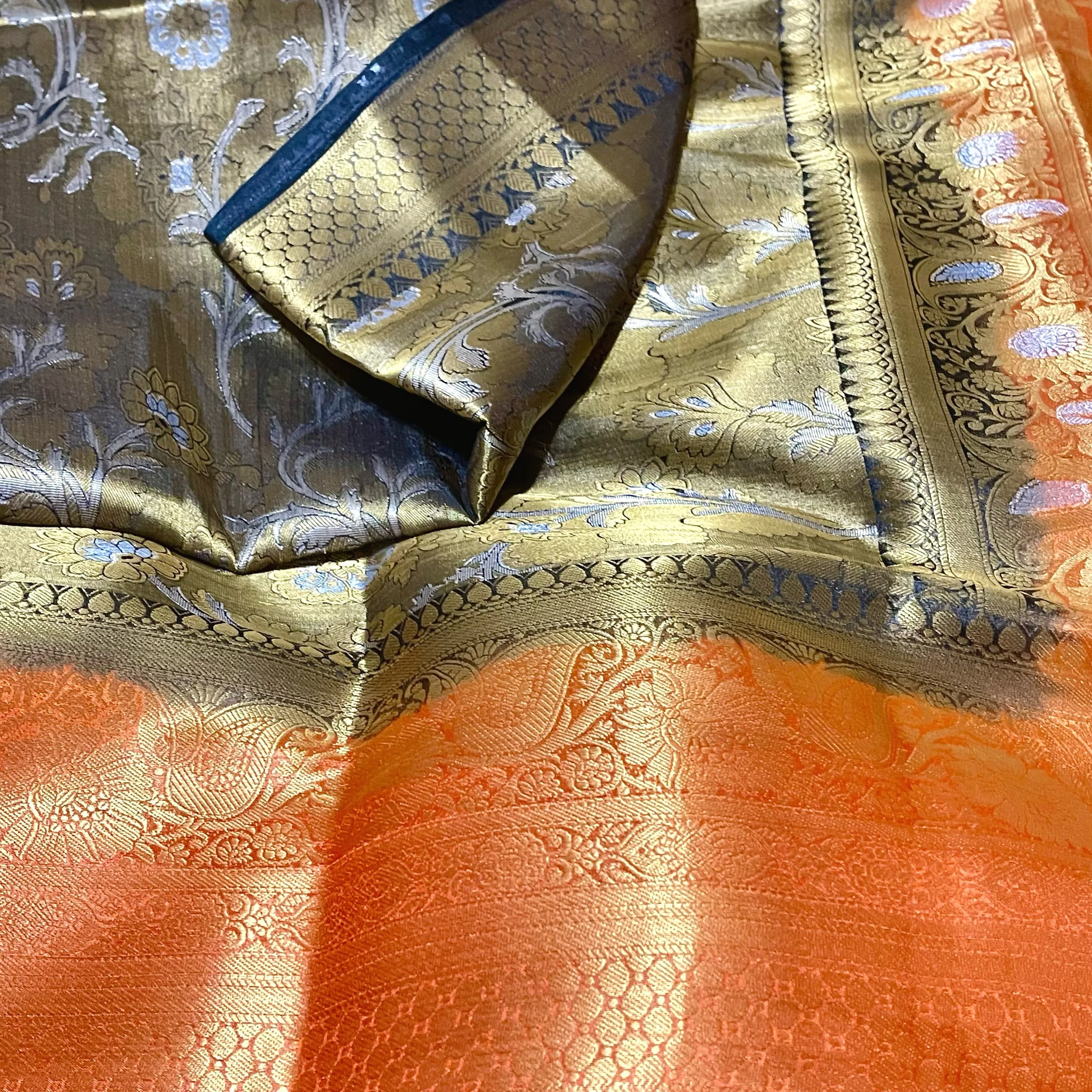 Black & Orange Banarasi Tissue Silk Saree with Stitched Blouse