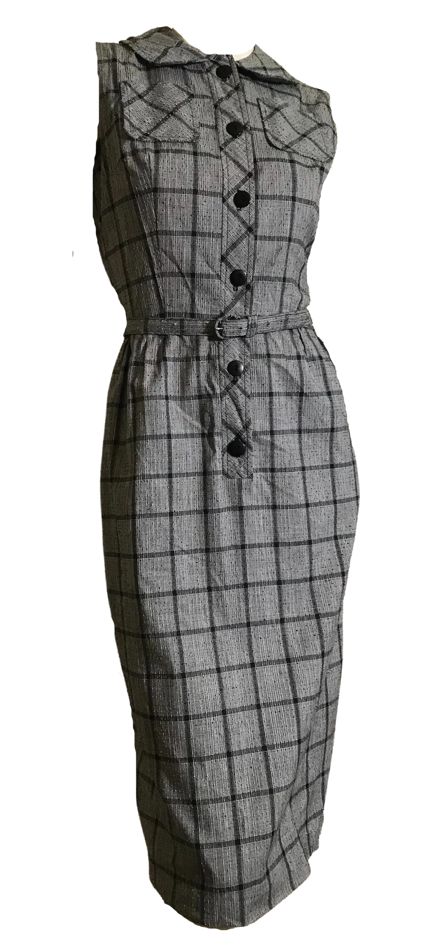 Black and White Textured Weave Cotton Sleeveless Checked Button Up Dress circa 1950s