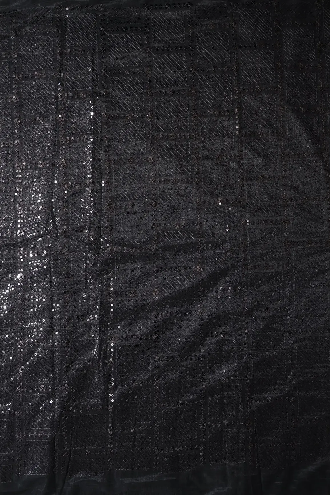 Black Sequins Checks Embroidery On Black Soft Net Fabric