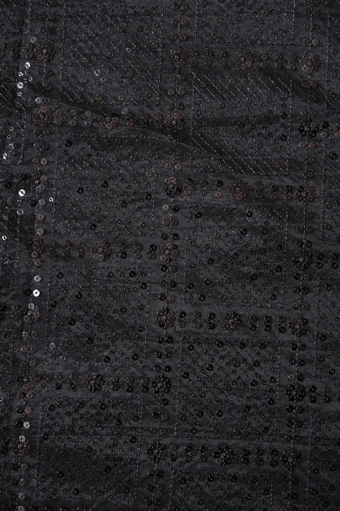 Black Sequins Checks Embroidery On Black Soft Net Fabric