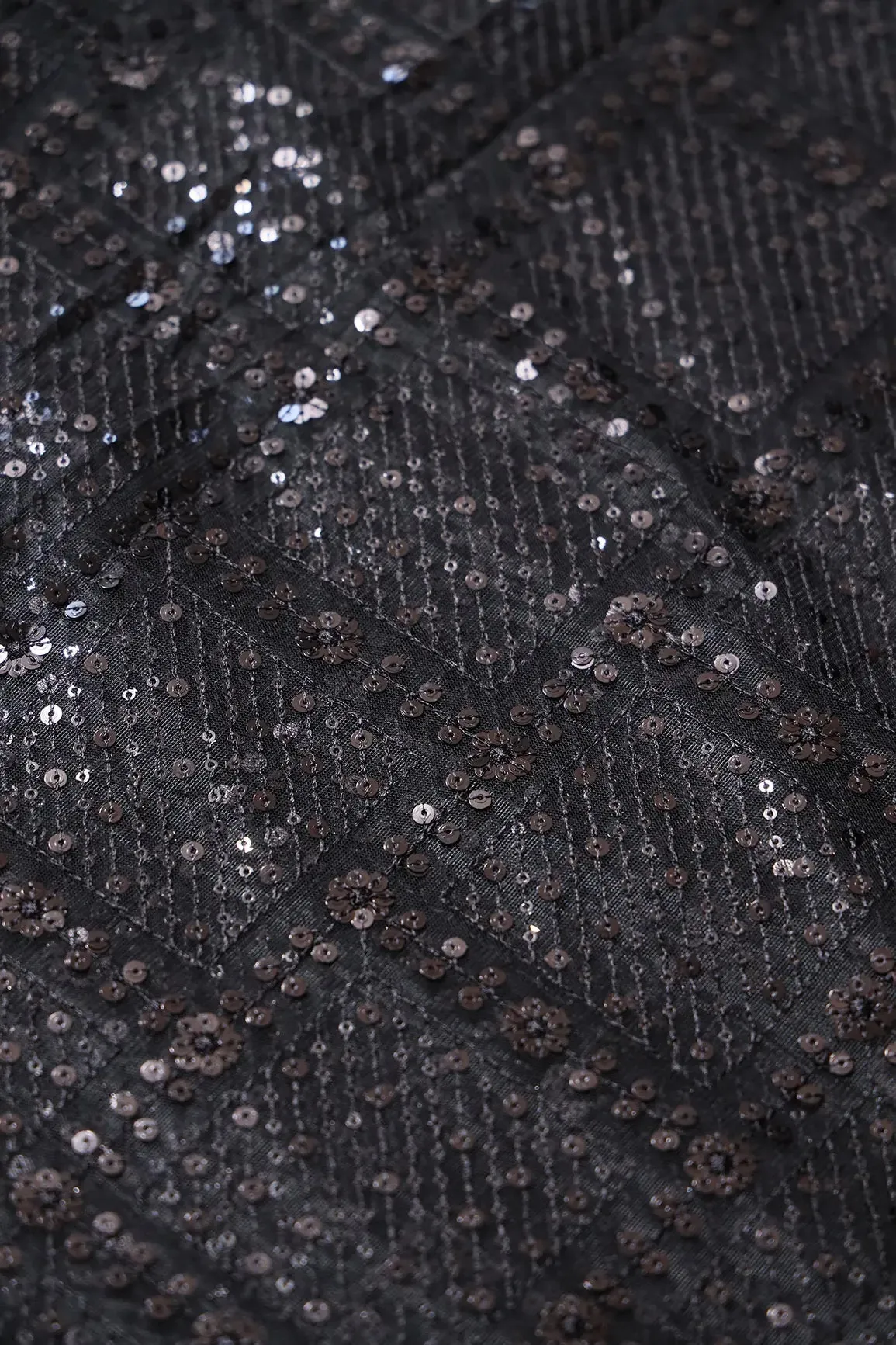 Black Sequins Checks Embroidery On Black Soft Net Fabric