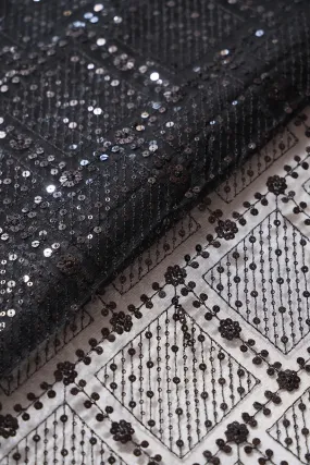 Black Sequins Checks Embroidery On Black Soft Net Fabric