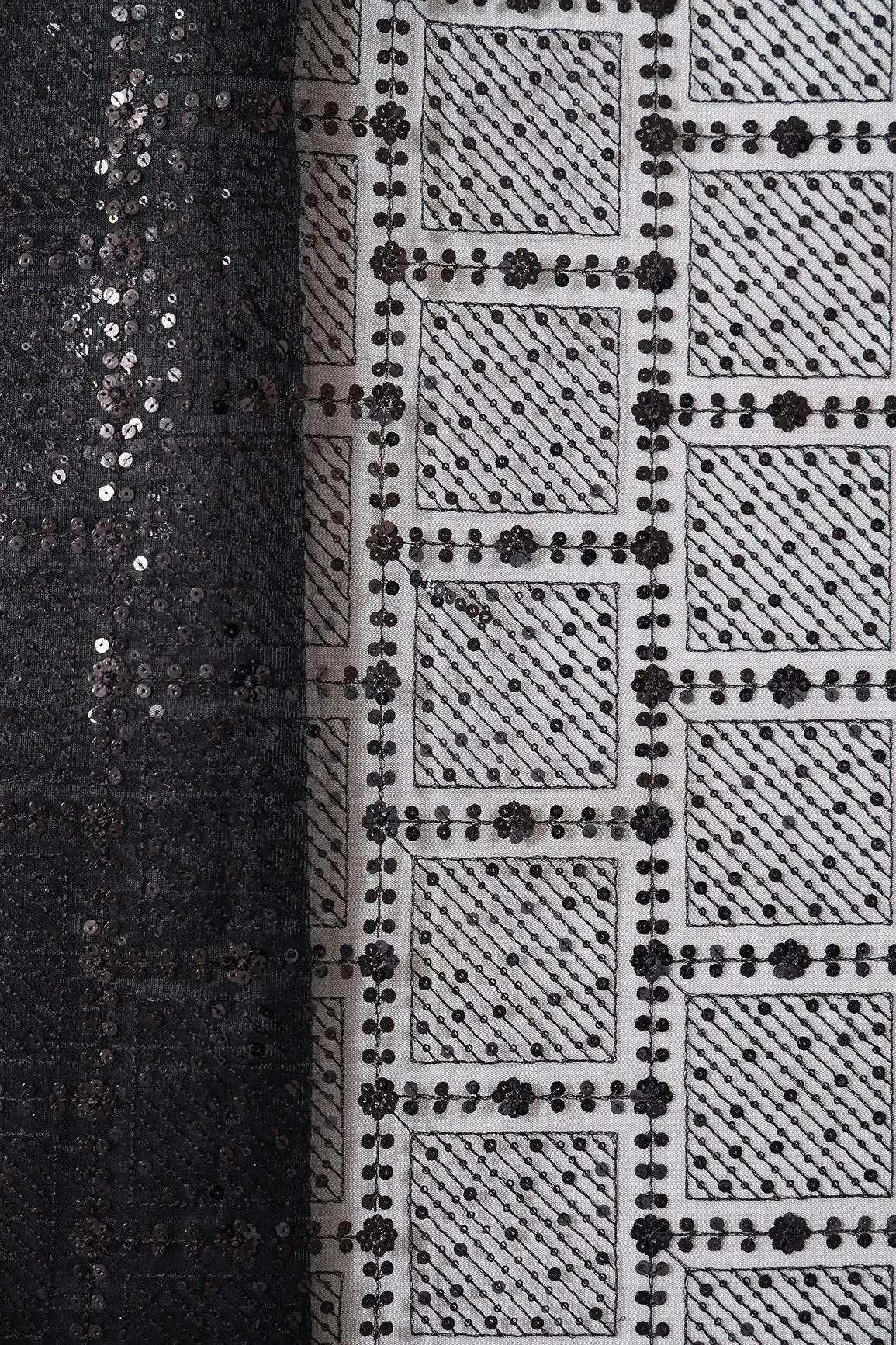 Black Sequins Checks Embroidery On Black Soft Net Fabric