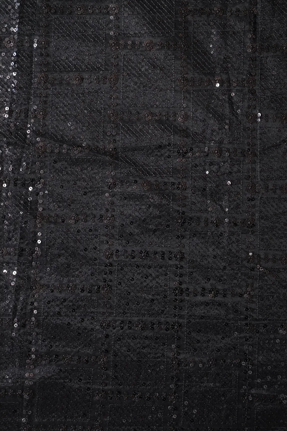 Black Sequins Checks Embroidery On Black Soft Net Fabric