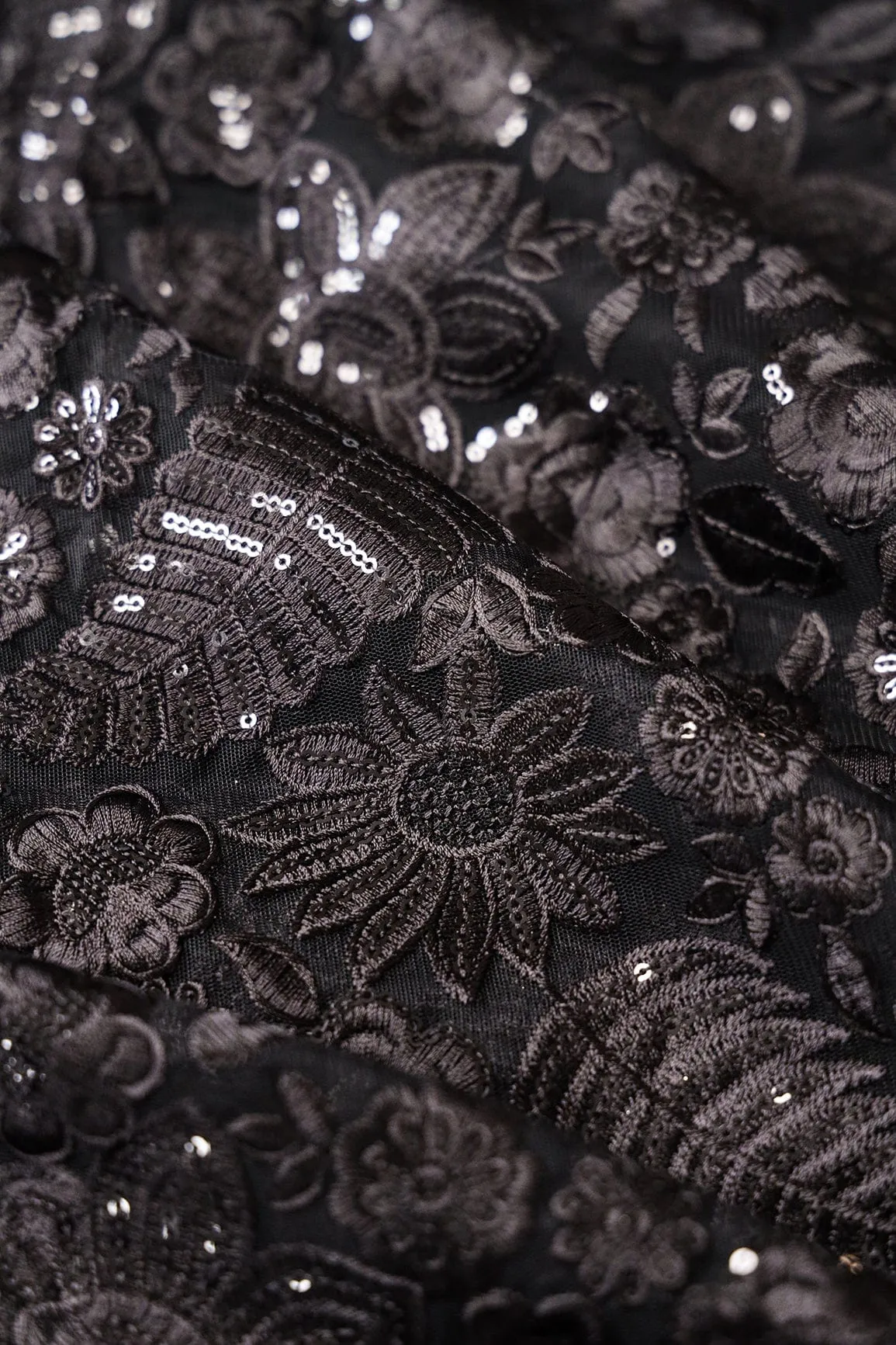 Black Thread With Sequins Heavy Floral Embroidery On Black Soft Net Fabric