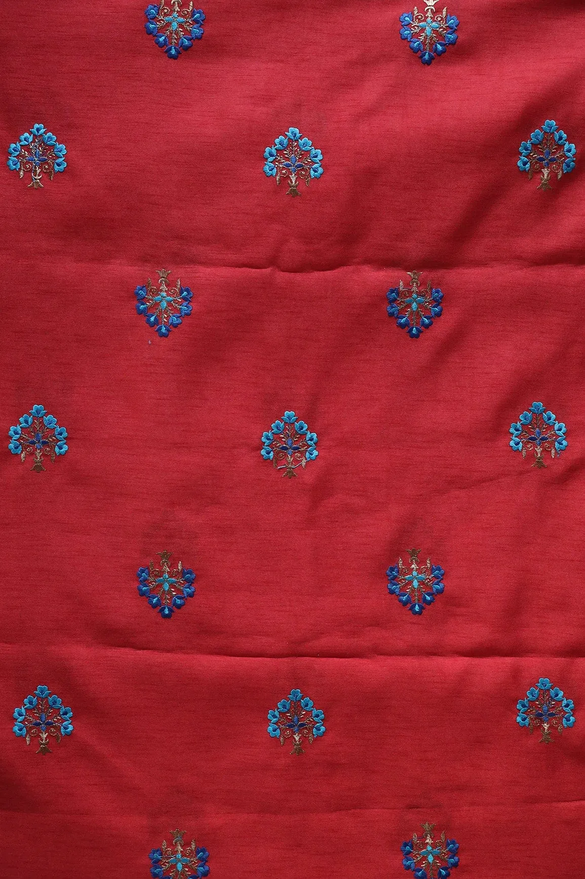 Blue Thread With Gold Zari Small Floral Embroidery Work On Red Banglori Satin Fabric