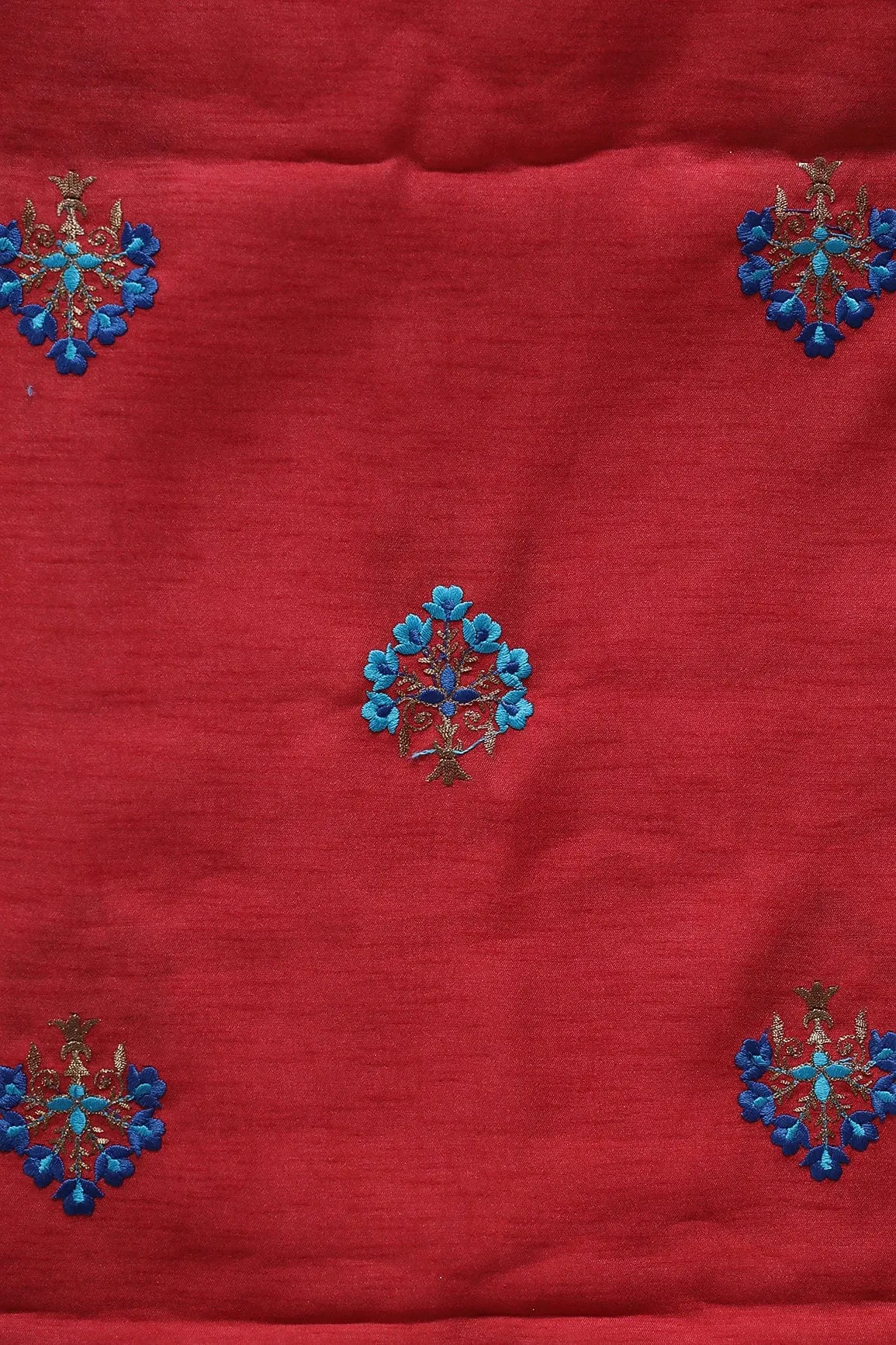 Blue Thread With Gold Zari Small Floral Embroidery Work On Red Banglori Satin Fabric