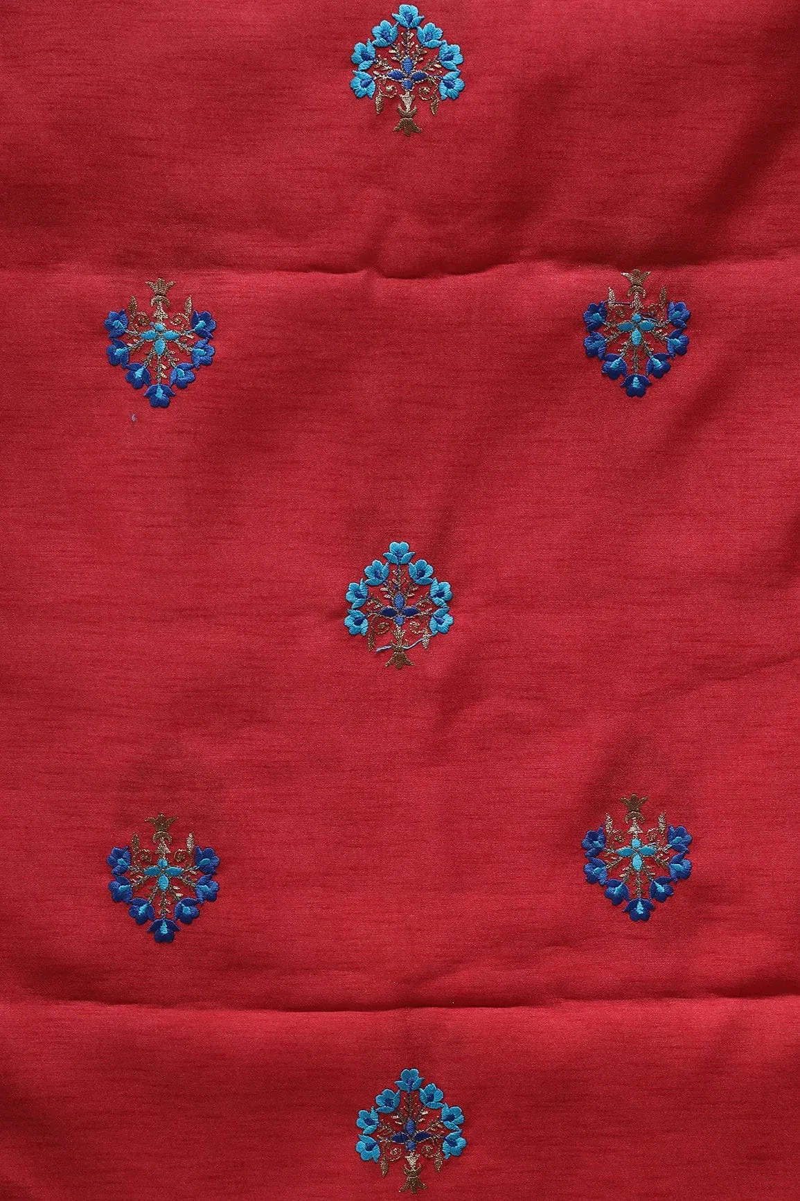 Blue Thread With Gold Zari Small Floral Embroidery Work On Red Banglori Satin Fabric