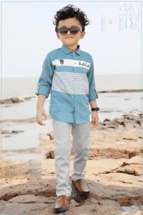 Blue with Cream Printed Casual wear Pant and Shirt Set for Boys