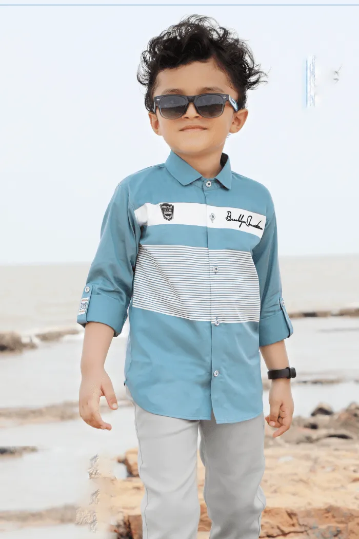 Blue with Cream Printed Casual wear Pant and Shirt Set for Boys