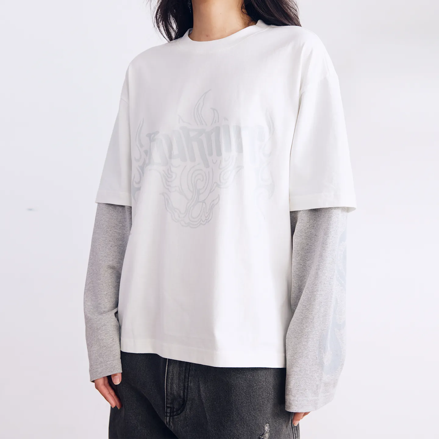 BURNIN* “97’series” worn fire pattern fake two-piece T-shirt