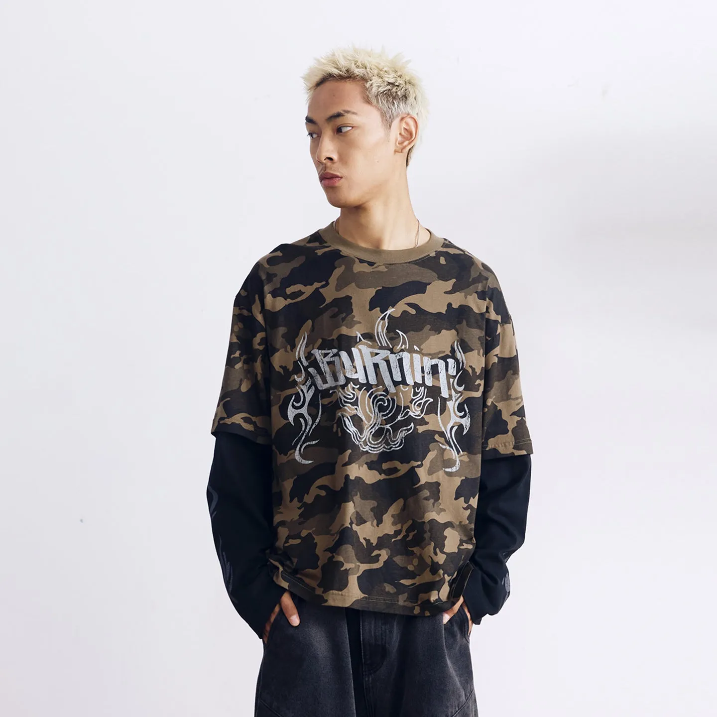 BURNIN* “97’series” worn fire pattern fake two-piece T-shirt