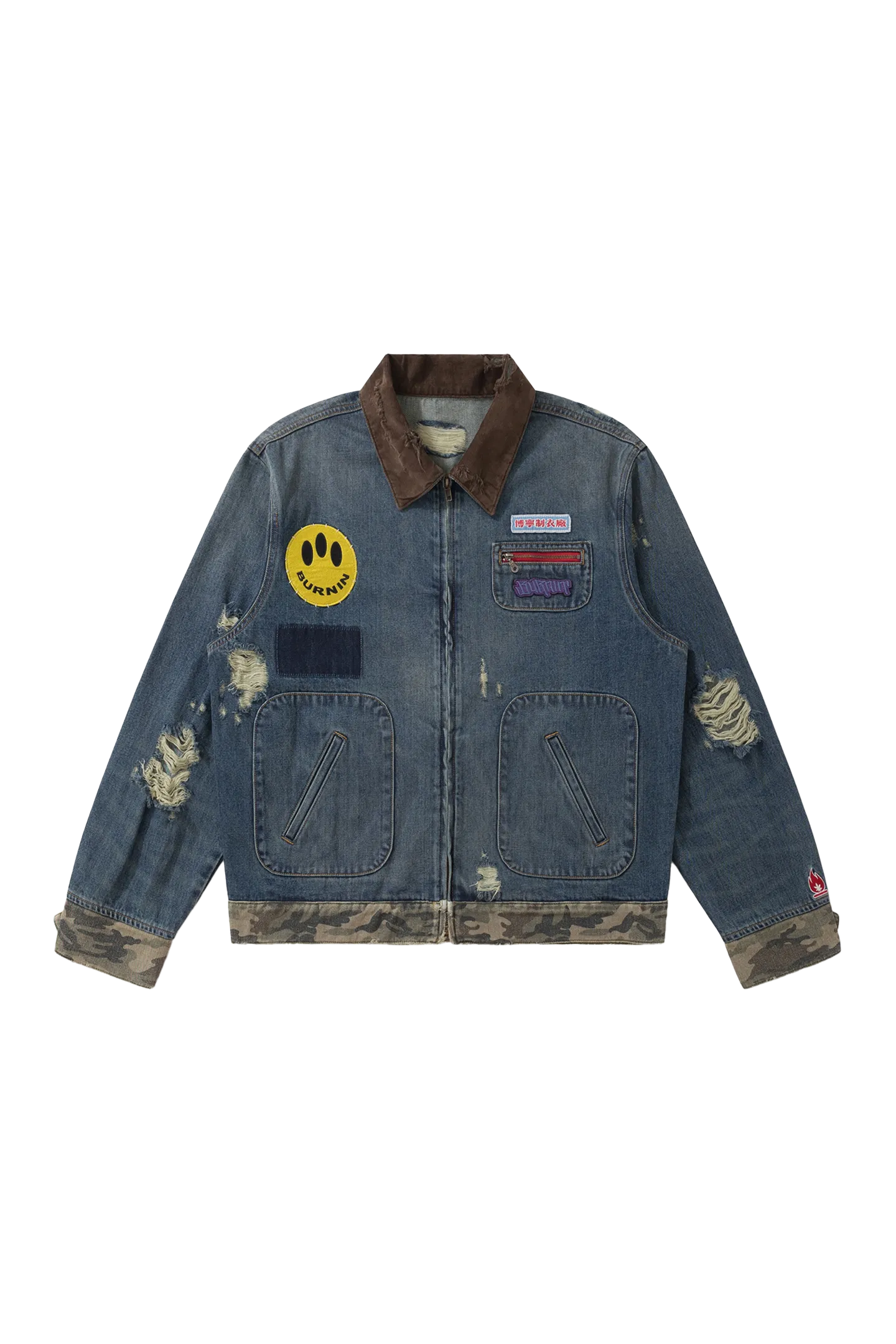 BURNIN* "Burnin for people" camouflage splicing damaged patch denim jacket