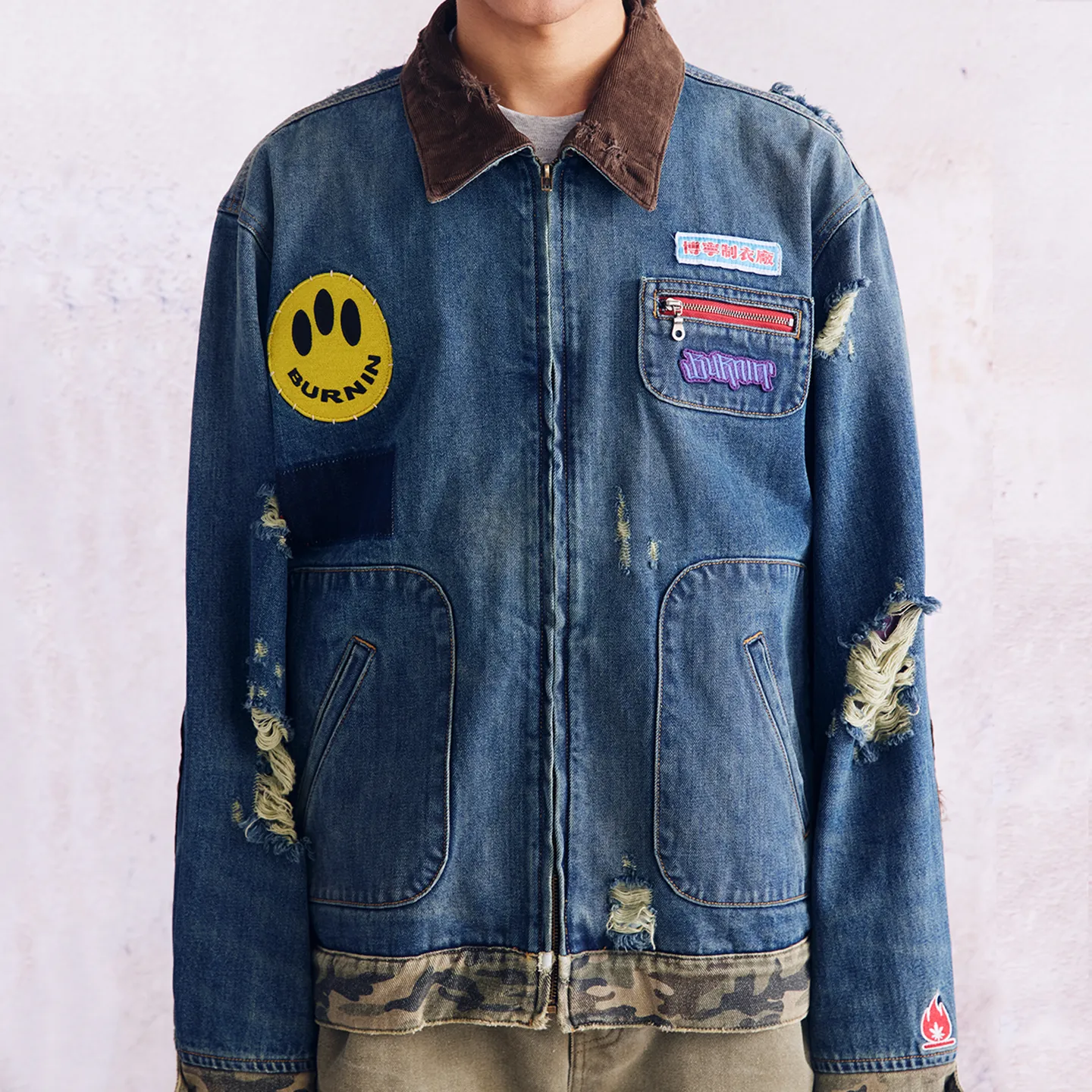 BURNIN* "Burnin for people" camouflage splicing damaged patch denim jacket