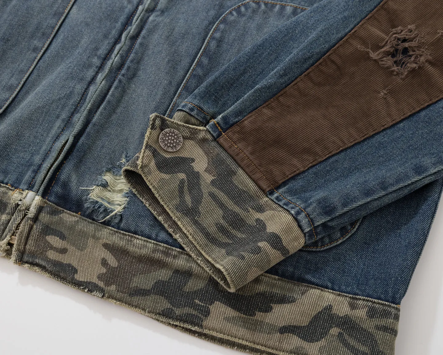 BURNIN* "Burnin for people" camouflage splicing damaged patch denim jacket