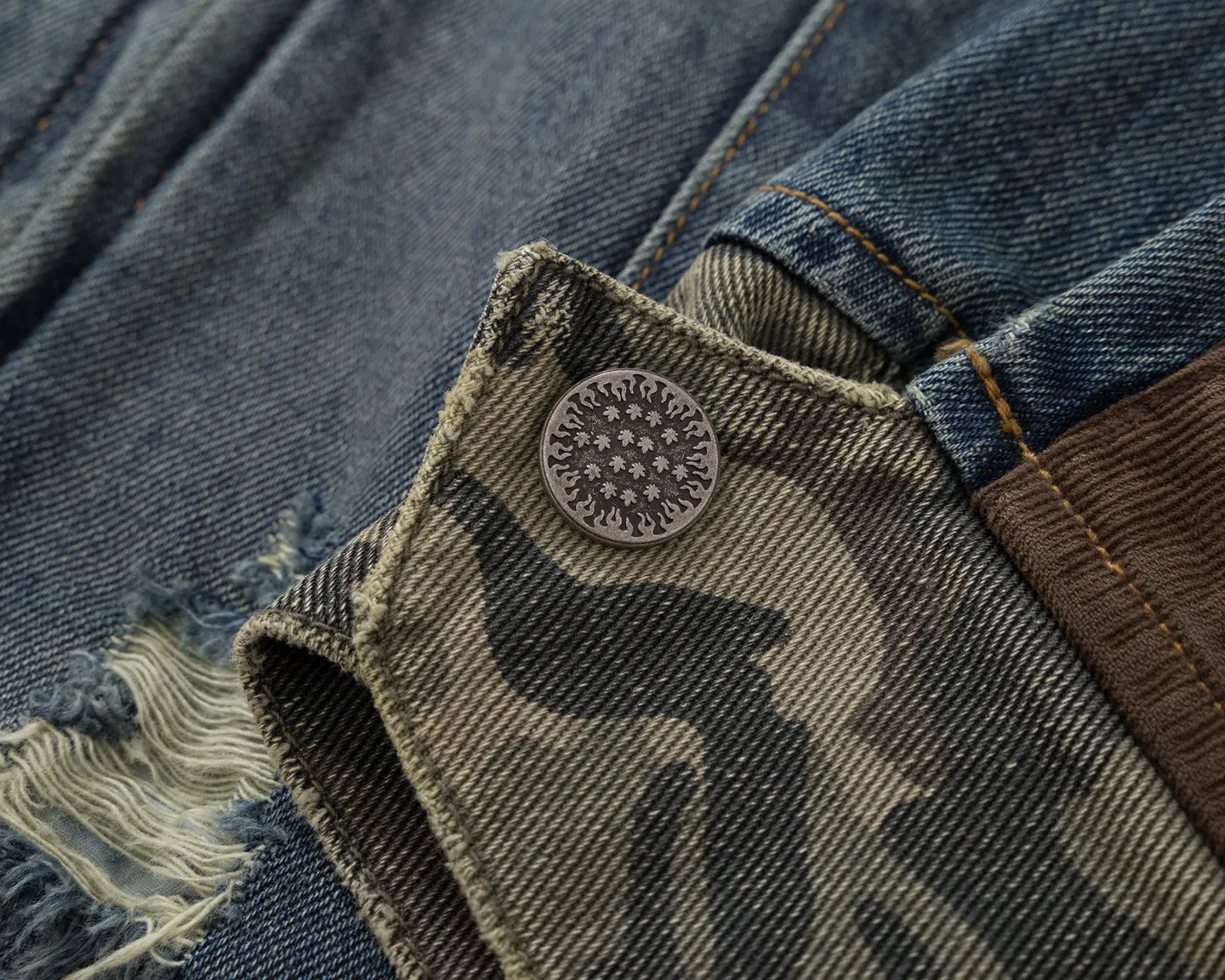 BURNIN* "Burnin for people" camouflage splicing damaged patch denim jacket