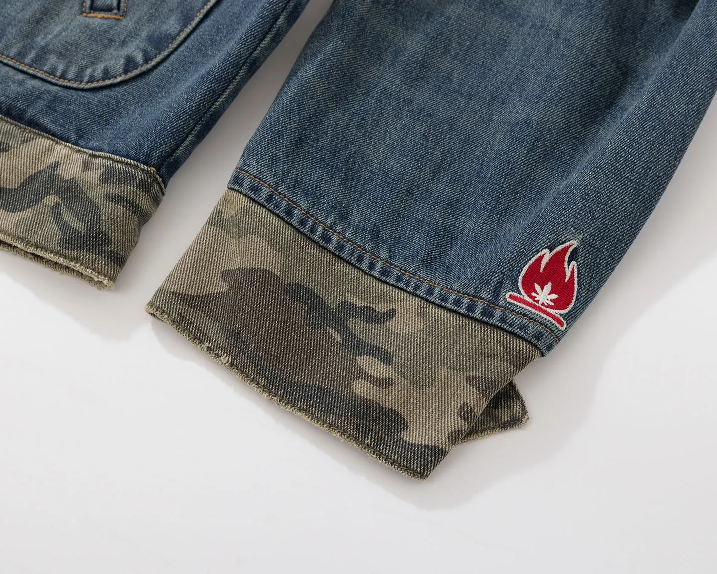 BURNIN* "Burnin for people" camouflage splicing damaged patch denim jacket