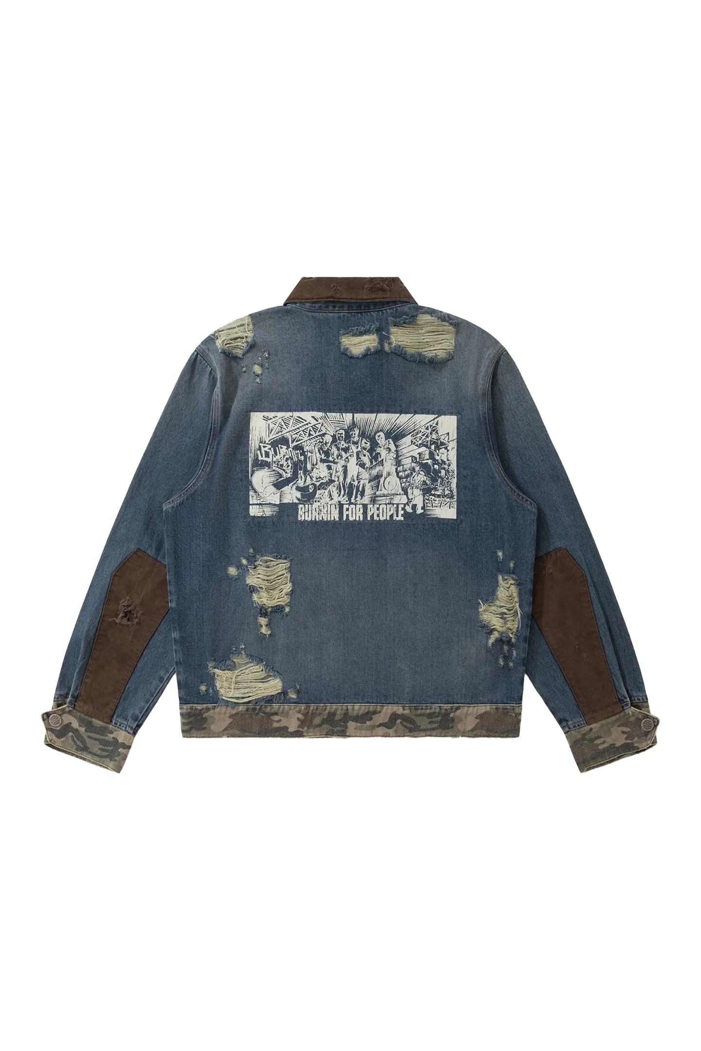 BURNIN* "Burnin for people" camouflage splicing damaged patch denim jacket