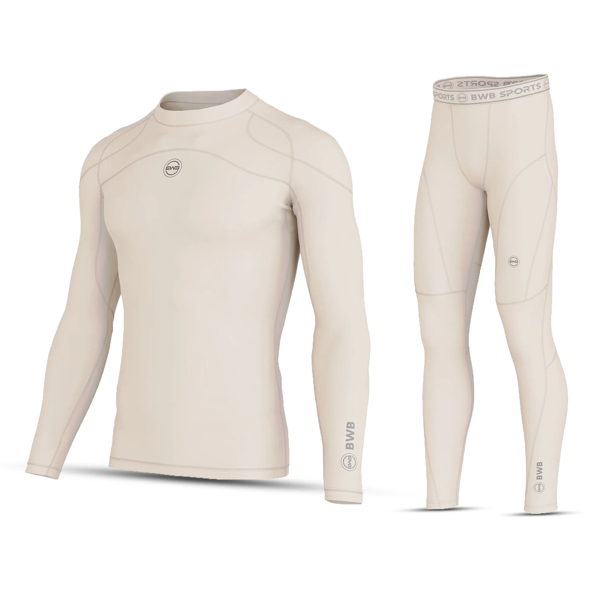 BWB MEN'S BEIGE LONG SLEEVE BASELAYER COMPRESSION SHIRT & LEGGINGS SET