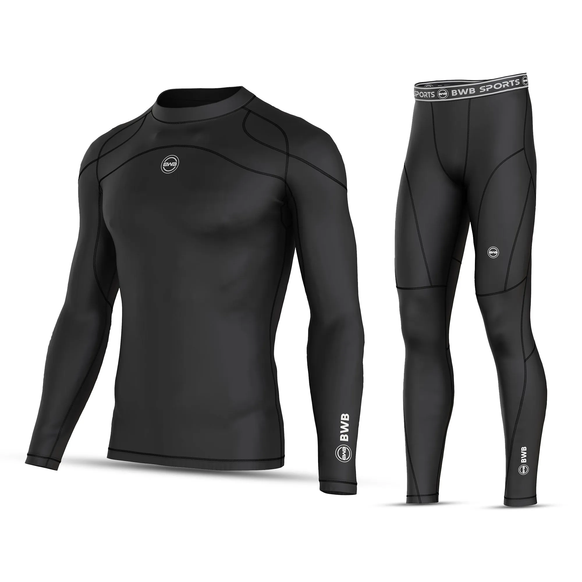 BWB Men's Black Long Sleeve Baselayer Compression Shirt & Leggings Set