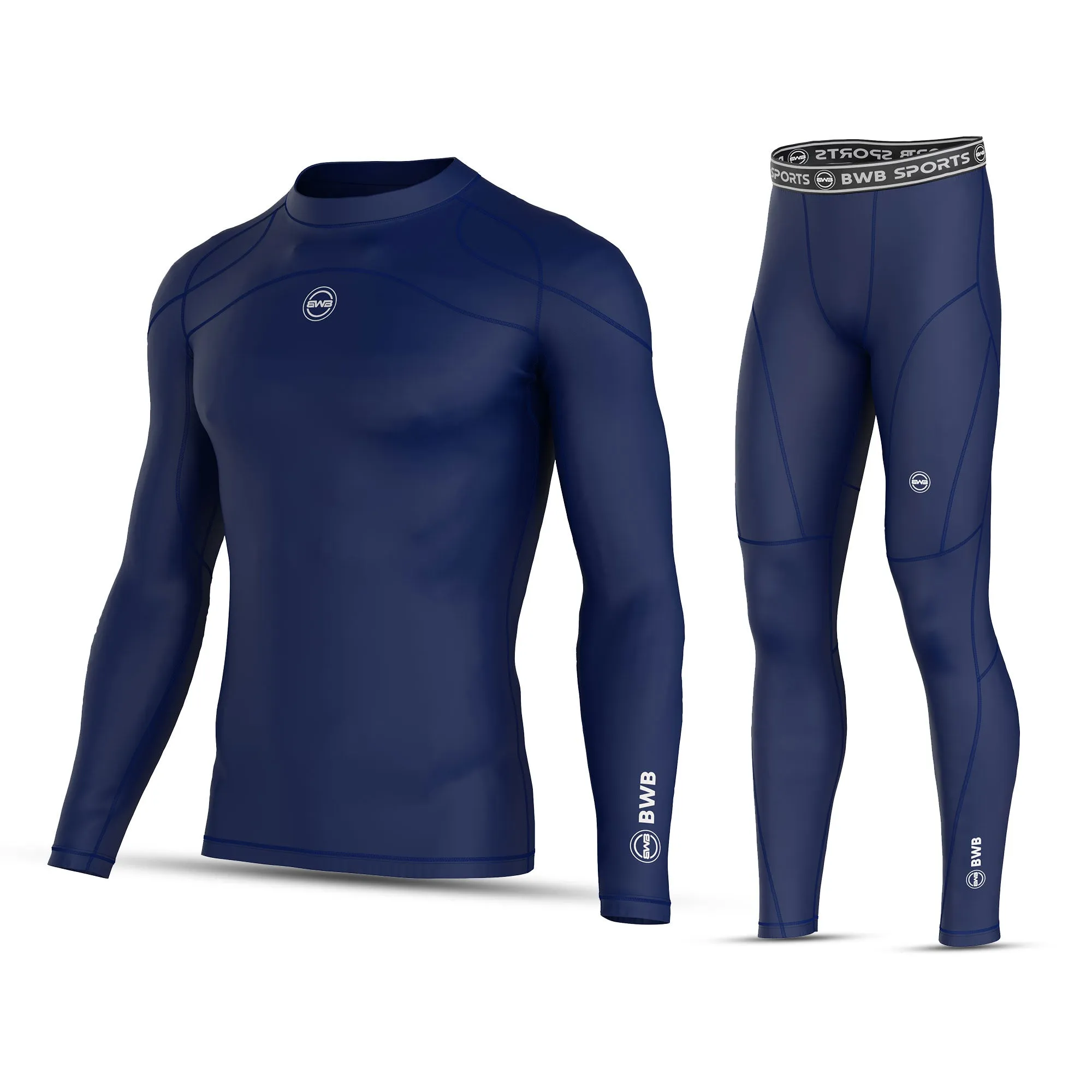 BWB Men's Navy Blue Long Sleeve Baselayer Compression Shirt & Leggings Set