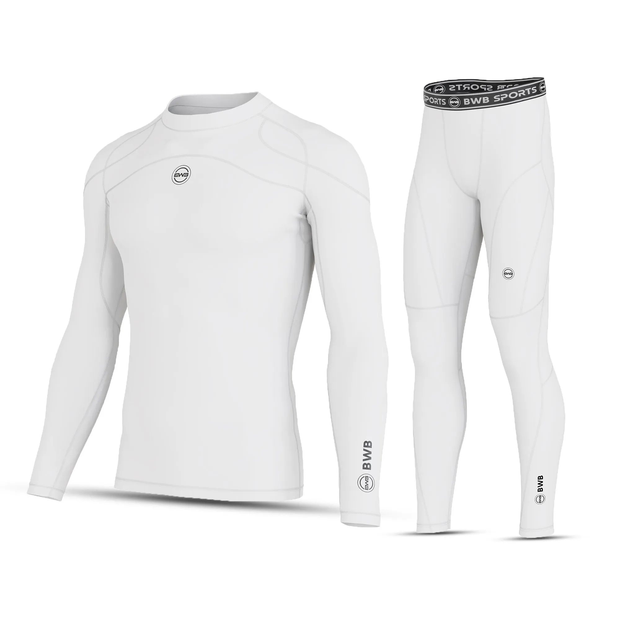 BWB MEN'S WHITE LONG SLEEVE BASELAYER COMPRESSION SHIRT & LEGGINGS SET