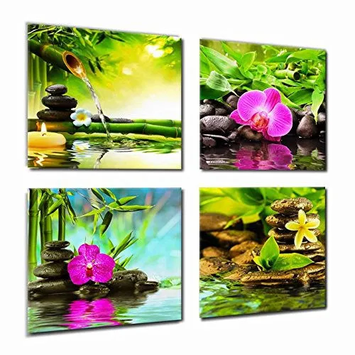 CANVAS PRINTS ZEN ART WALL DECOR - SPA MASSAGE TREATMENT PAINTING PICTURE PRINT ON CANVAS FRAMED READY TO HANG - RED ORCHID FRANGIPANI BAMBOO WATERLILY BLACK STONE IN GARDEN - 4 PANEL GICLEE ART WORK