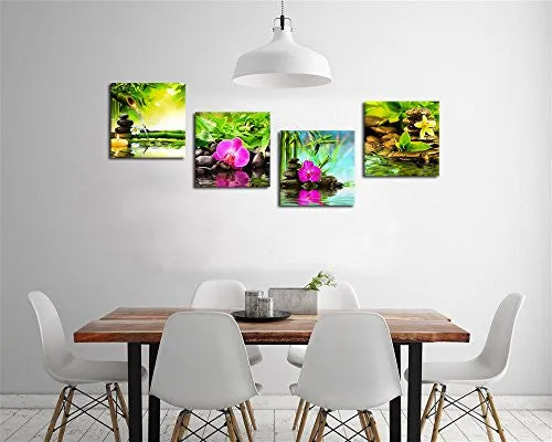 CANVAS PRINTS ZEN ART WALL DECOR - SPA MASSAGE TREATMENT PAINTING PICTURE PRINT ON CANVAS FRAMED READY TO HANG - RED ORCHID FRANGIPANI BAMBOO WATERLILY BLACK STONE IN GARDEN - 4 PANEL GICLEE ART WORK