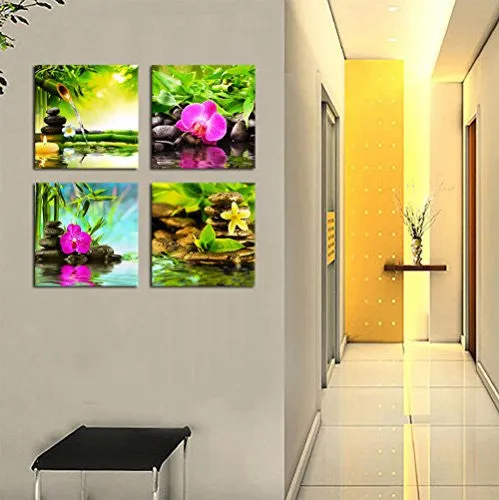 CANVAS PRINTS ZEN ART WALL DECOR - SPA MASSAGE TREATMENT PAINTING PICTURE PRINT ON CANVAS FRAMED READY TO HANG - RED ORCHID FRANGIPANI BAMBOO WATERLILY BLACK STONE IN GARDEN - 4 PANEL GICLEE ART WORK