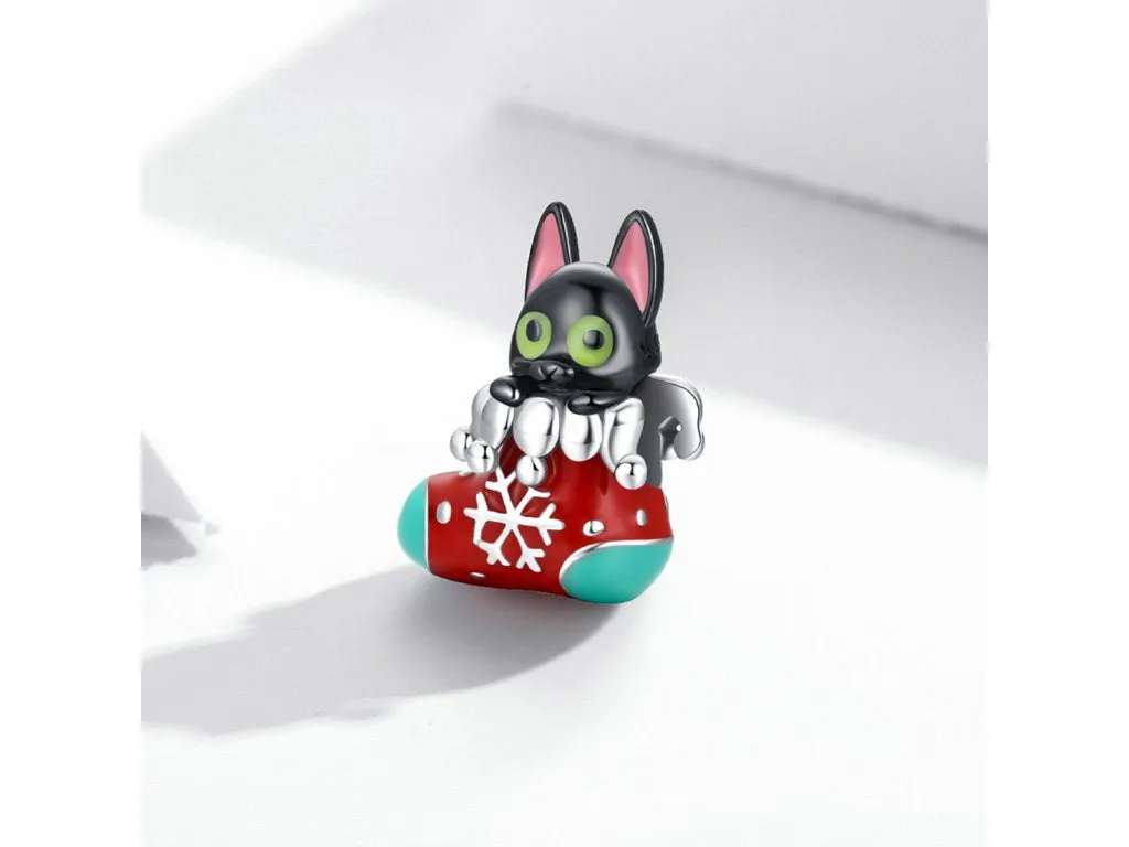 Christmas Stocking Cat Charm 925 Sterling Silver