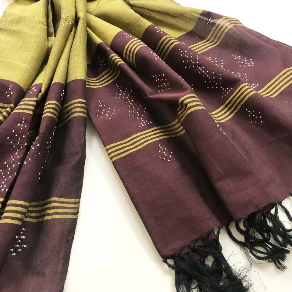 Cotton Olive Green & Brown Tangaliya Dupatta