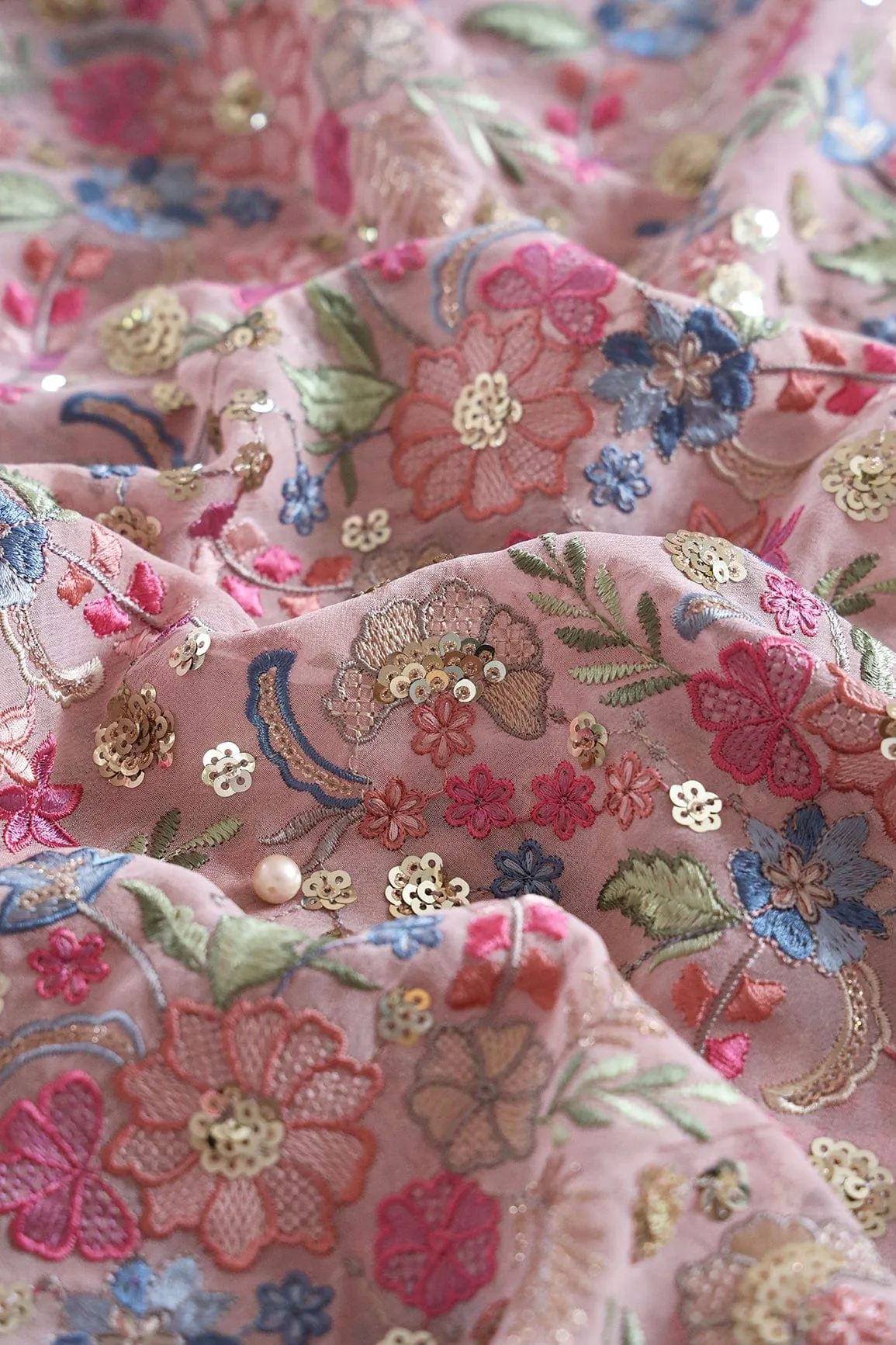 Delightful Pastel Thread With Gold Sequins Heavy Floral Embroidery On Mauve Viscose Georgette Fabric