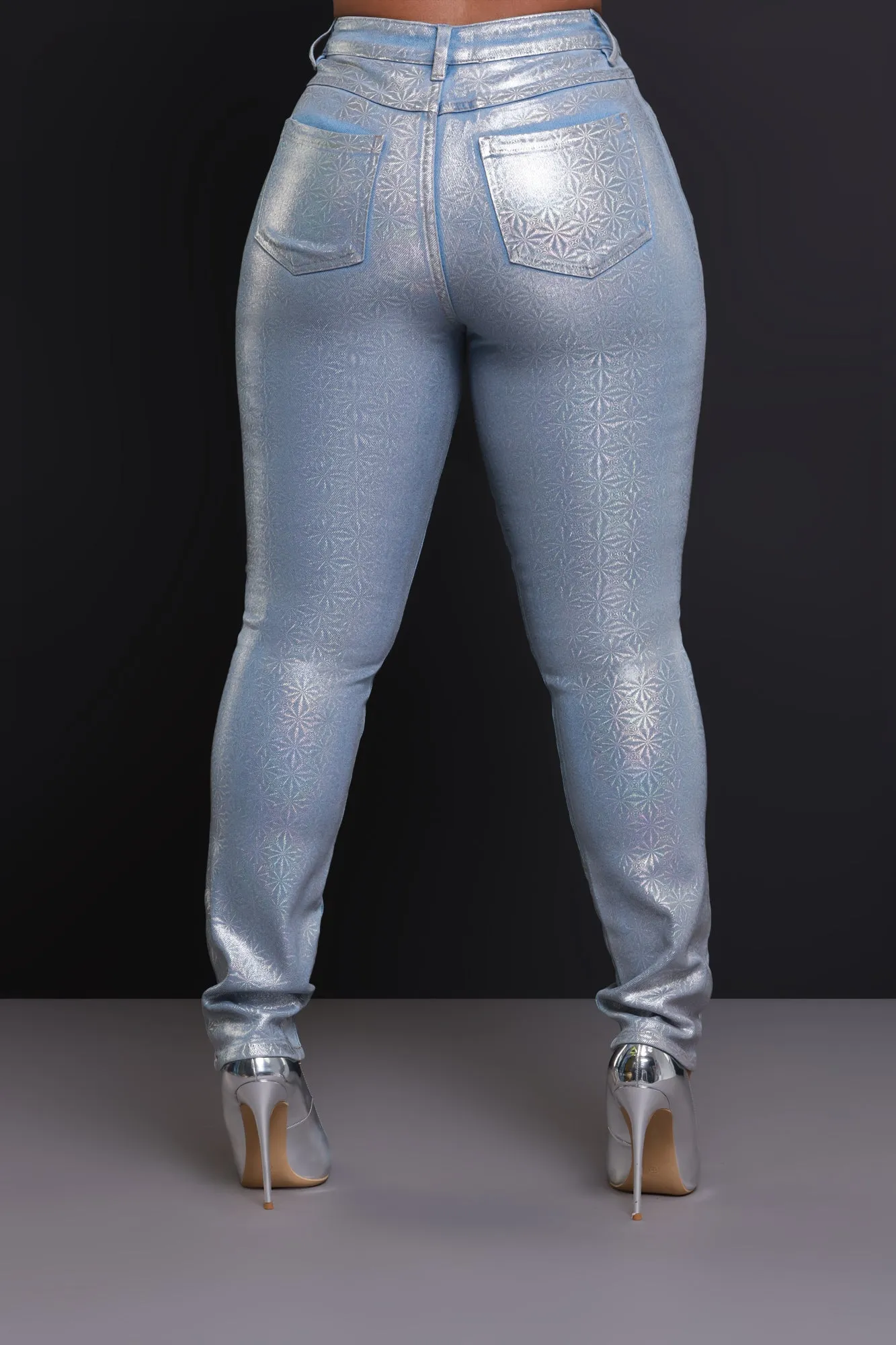 Dew Drop High Rise Flower Print Metallic Pants - Icy Blue