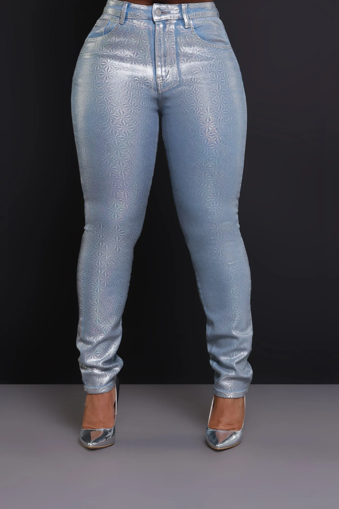 Dew Drop High Rise Flower Print Metallic Pants - Icy Blue