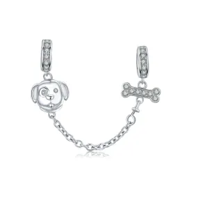 Dog & Bone Safety Chain Charm 925 Sterling Silver