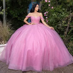 Elegant Sequin Quinceañera Dress with Bow: Off-Shoulder Princess Ball Gown