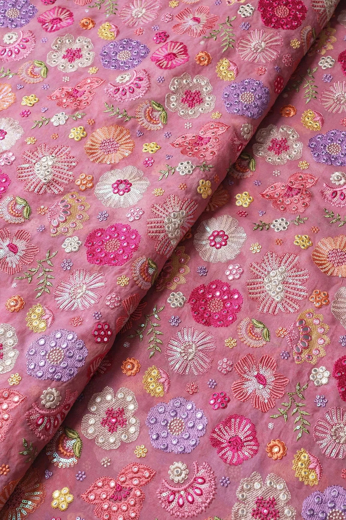 Exclusive Floral Designer Embroidery With Faux Mirror On Thulian Pink Viscose Georgette Fabric