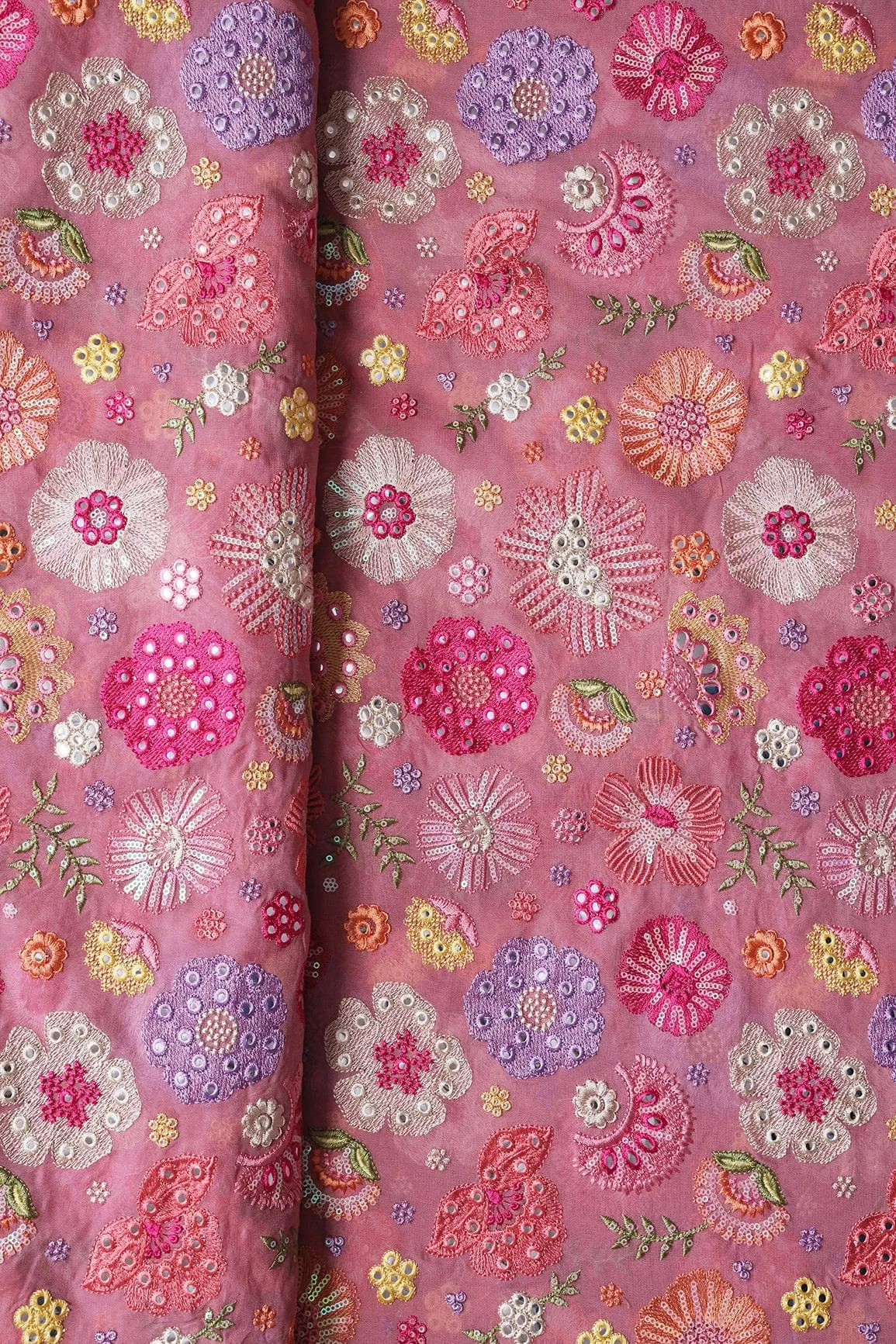 Exclusive Floral Designer Embroidery With Faux Mirror On Thulian Pink Viscose Georgette Fabric