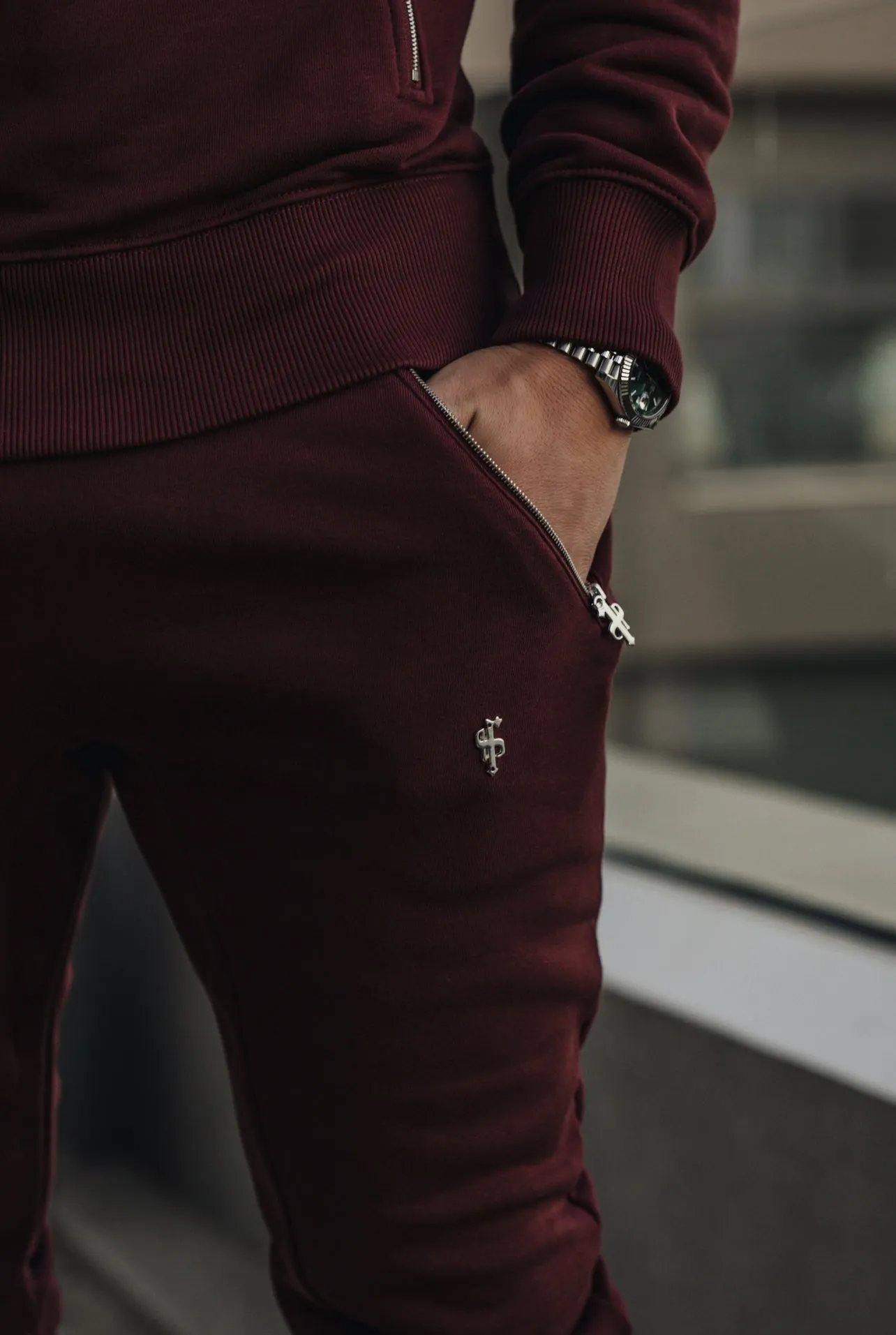 Father Sons Burgundy / Silver Tapered Sweat Pants with Ankle Zip Detail - FSH798