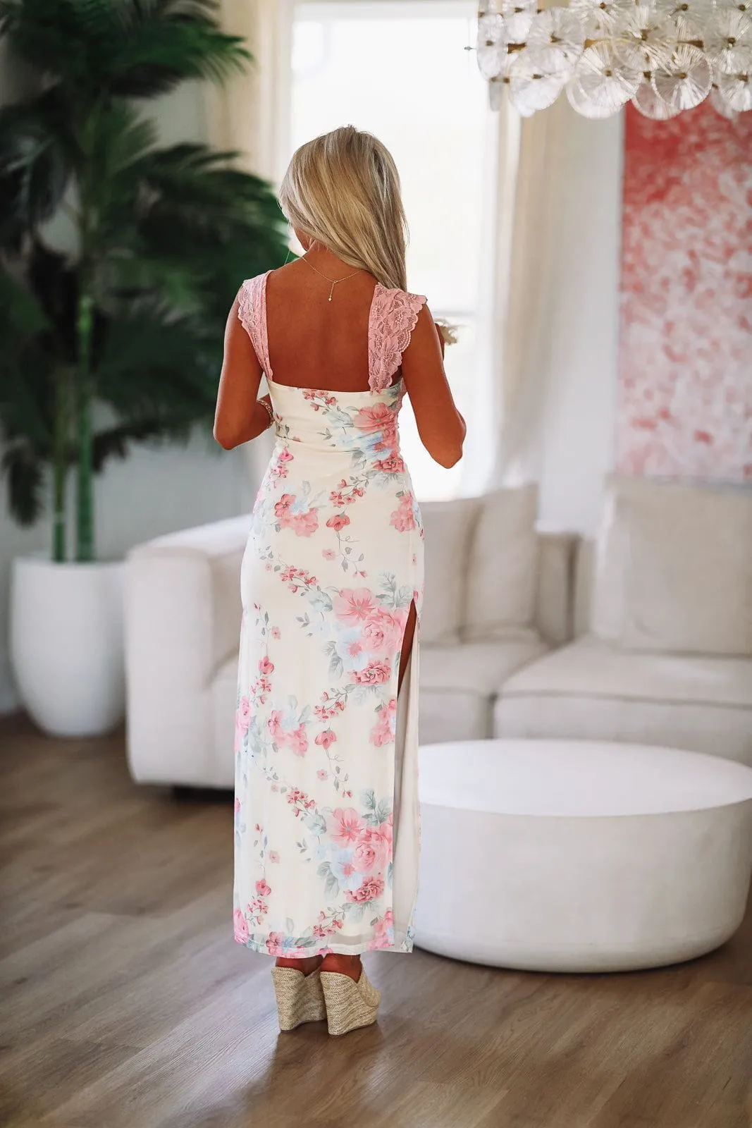 Flirtatious in Floral Maxi Dress Gown - Light Pink