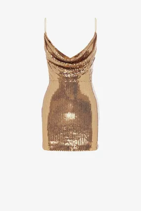 Gold Sequin Cowl Neck Mini Dress