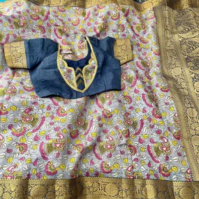 Grey Blue Kalamkari Cotton Silk Saree with Stitched Blouse