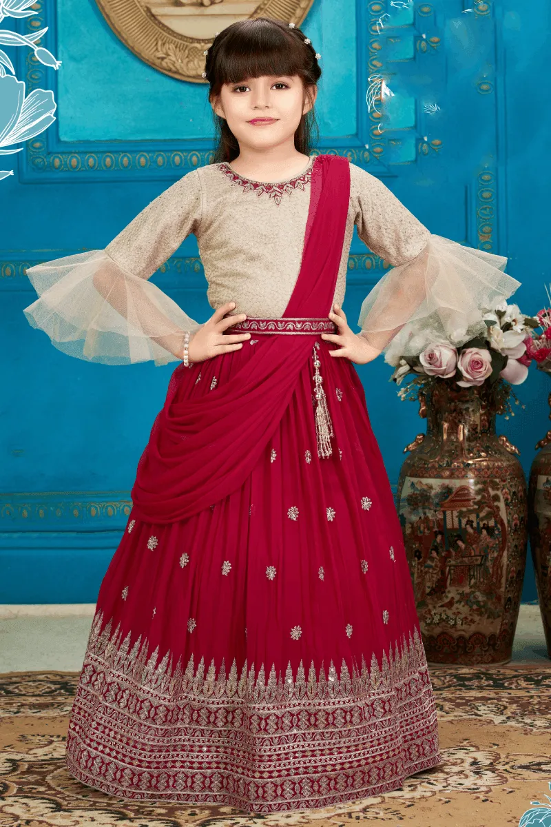 Grey with Rani Pink Zardozi, Stone and Mirror work Lehenga Choli for Girls