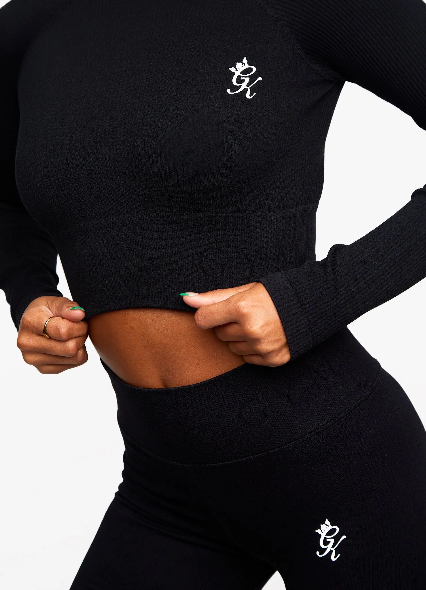 Gym King Formation Rib Long Sleeve Crop Tee - Black