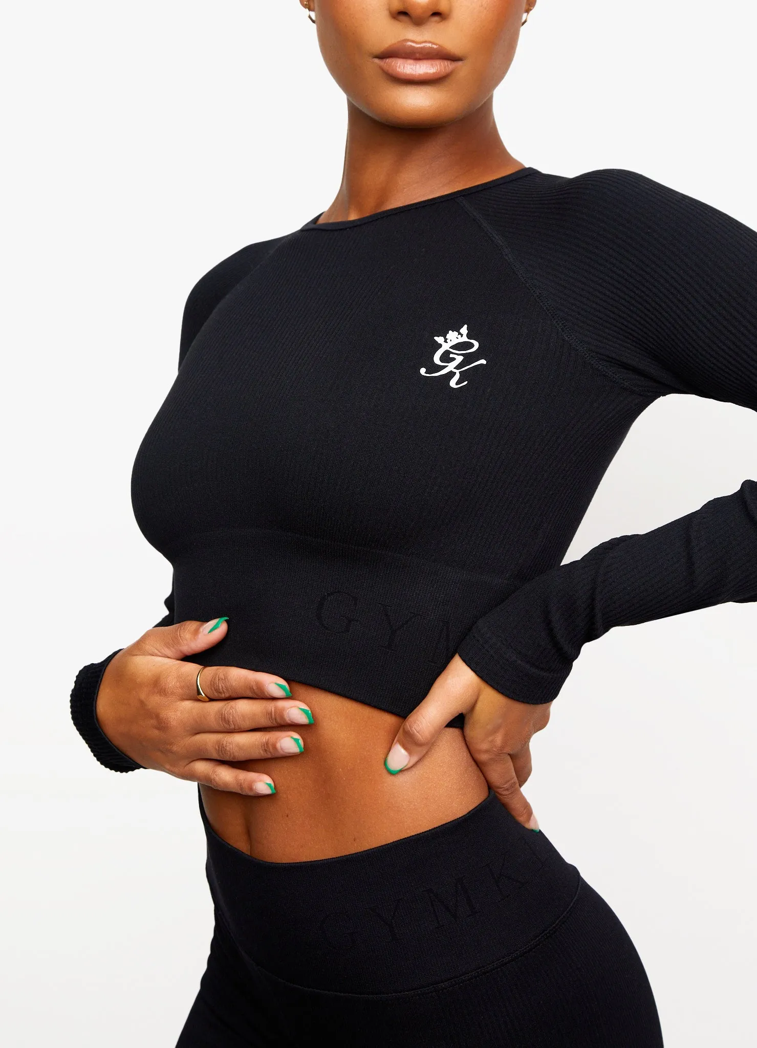 Gym King Formation Rib Long Sleeve Crop Tee - Black