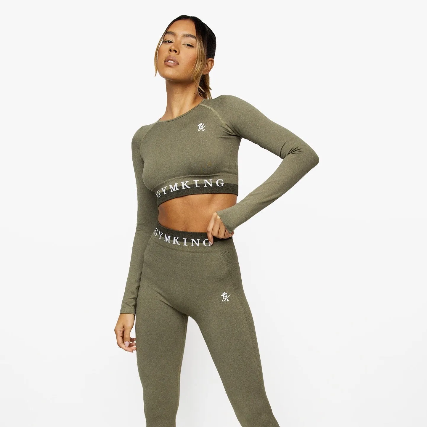 Gym King Seamless Results Long Sleeve Crop - Khaki