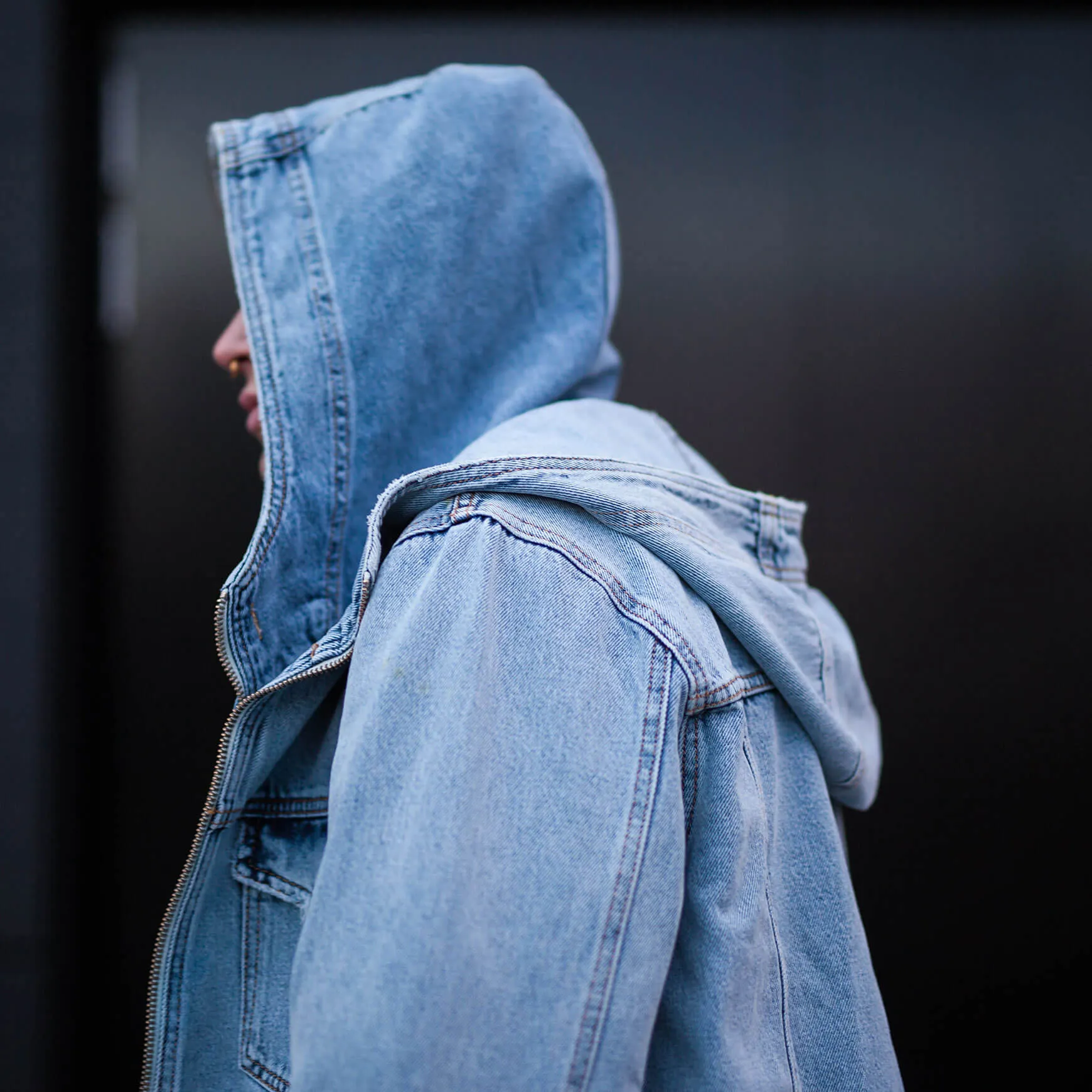 Hooded Denim Jacket Light Blue