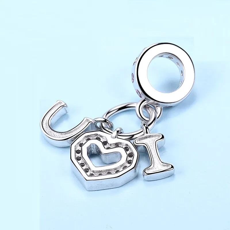 I LOVE U Heart Triple Dangle Charm in 925 Sterling Silver