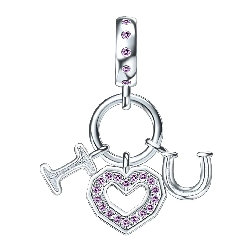 I LOVE U Heart Triple Dangle Charm in 925 Sterling Silver