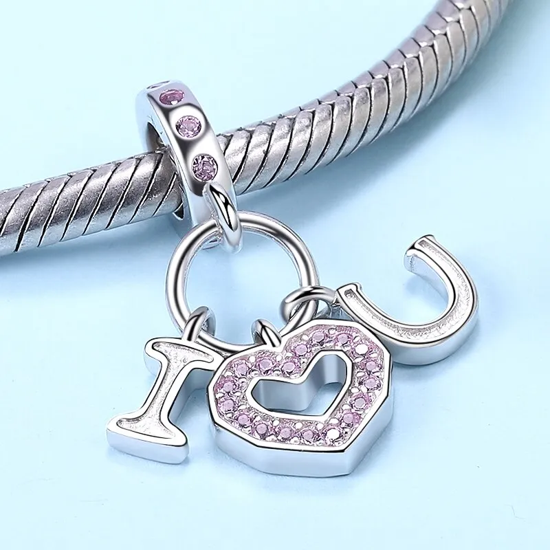 I LOVE U Heart Triple Dangle Charm in 925 Sterling Silver